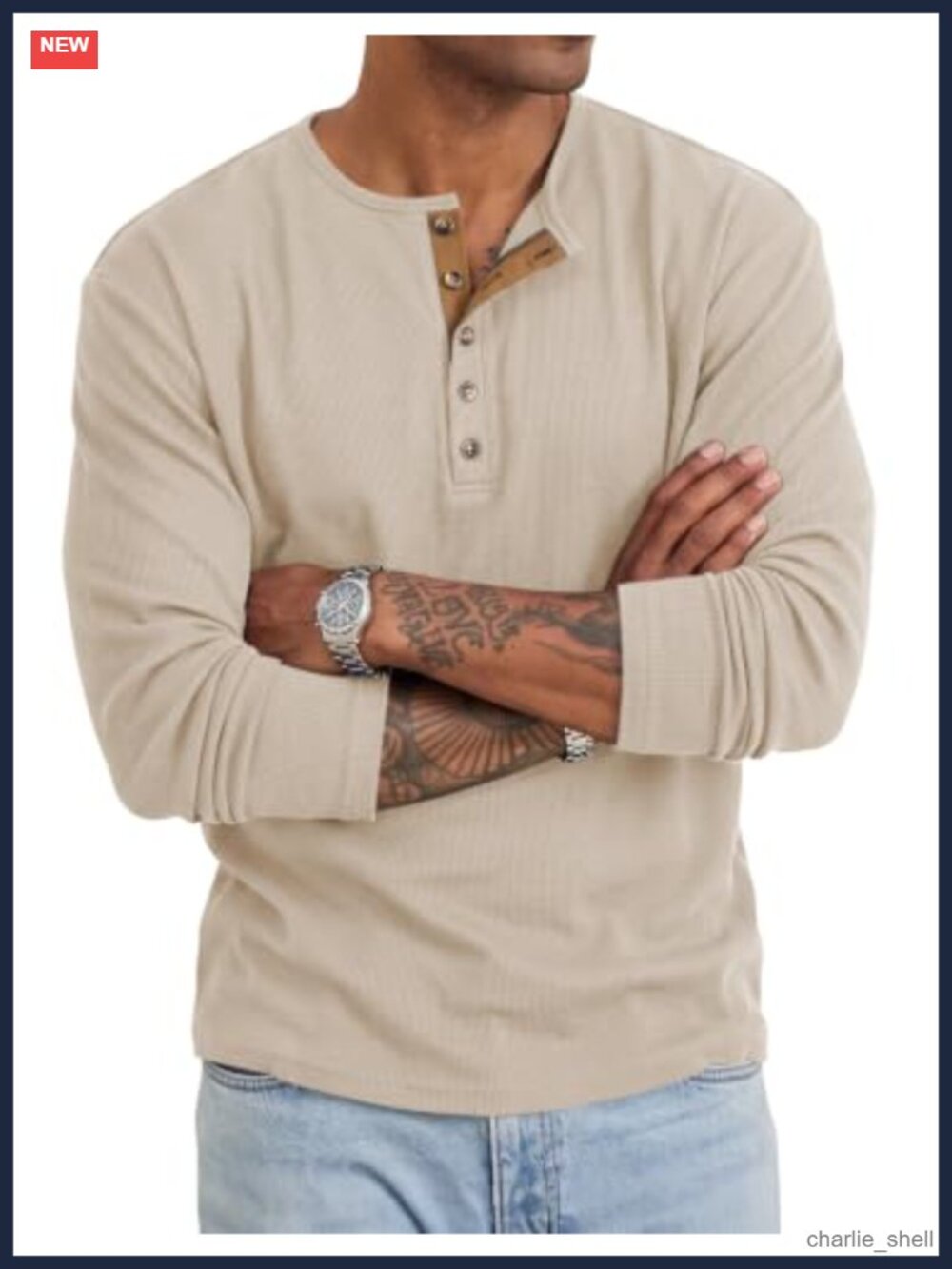 Ribbed Long Sleeve Henley Shirt Contrast Button Casual Layering Tee